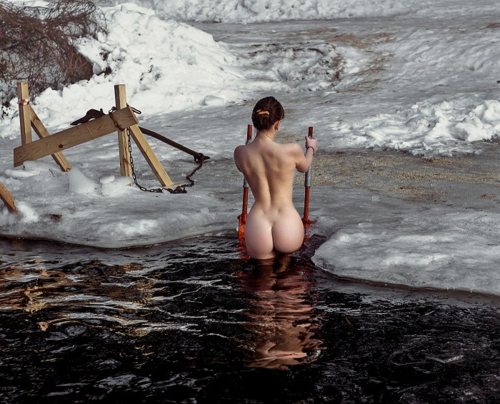Naked girls in the winter forest