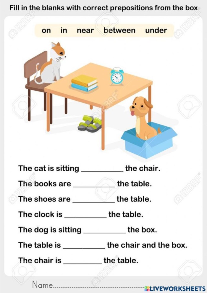Exercises for prepositions in on under for children