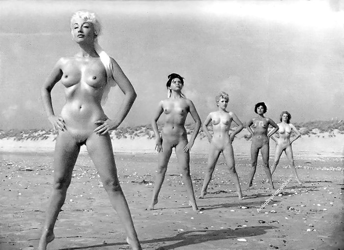 Naked nudists on the beach retro