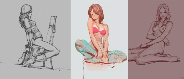 The girl sat on the face of the pictures drawn