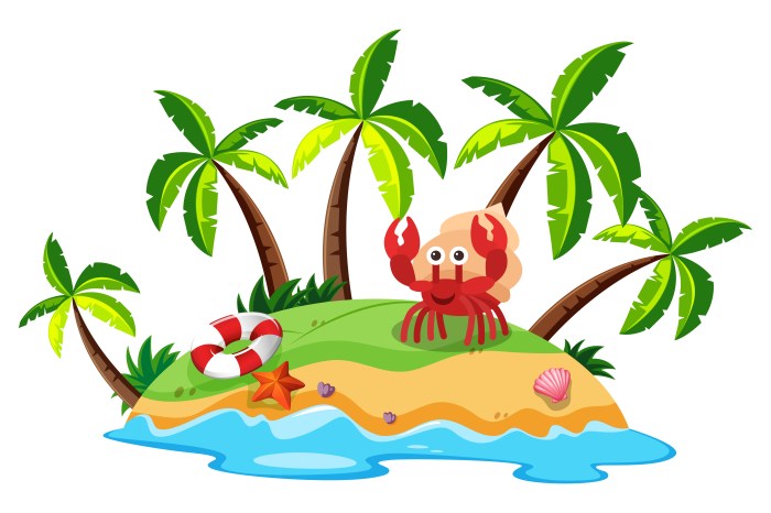 Island with palm trees and crab