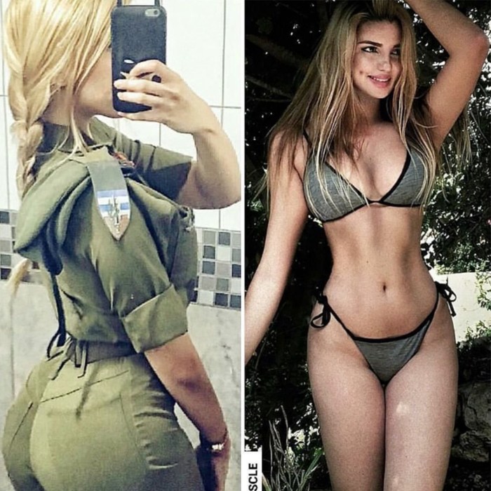 Girls in military uniform and without