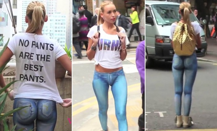 Panties are visible through leggings