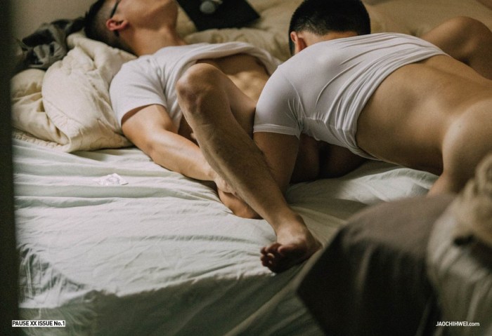 Men's buttocks on the bed