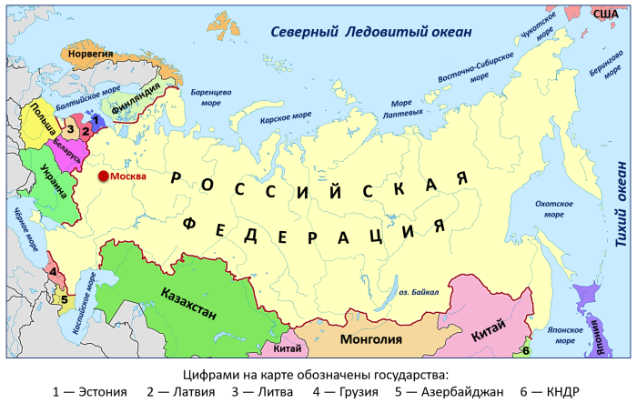 The boundaries of neighboring countries in Russia on the map