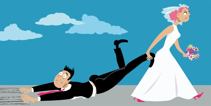 The bride pulls the groom in the registry office