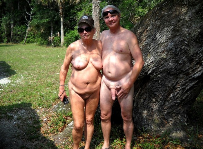 Naked elderly couples in nature