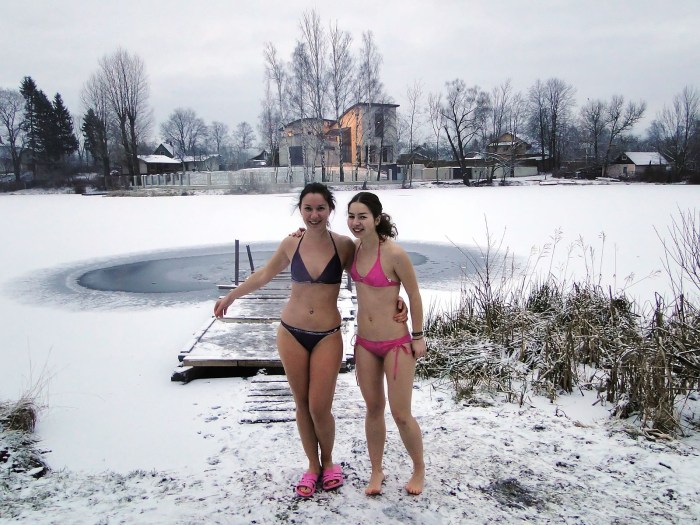 Bathing in winter in an ice hole