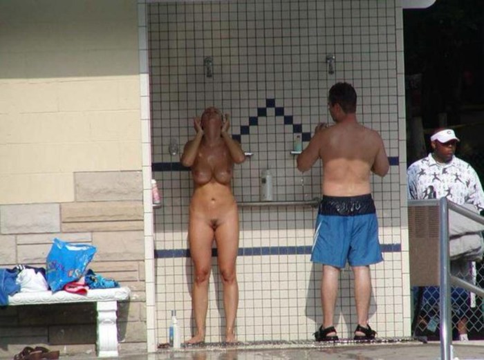 Naked man in a public pool