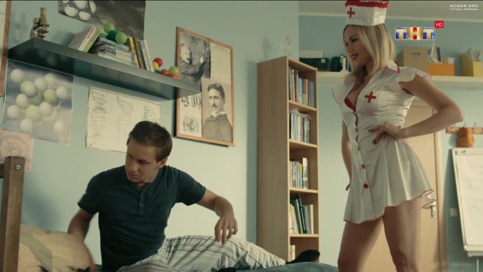 Anna Khilkevich in a skirt in the series University