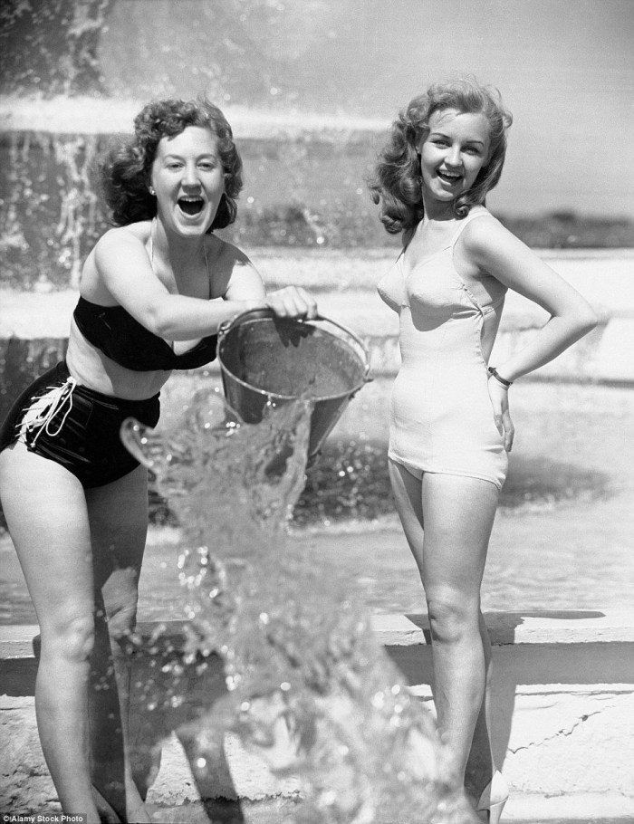 Unshaven girls in retro swimsuits