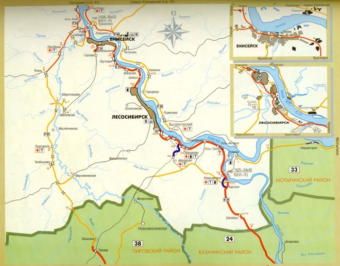 Map of the Yenisei district of the Krasnoyarsk Territory with settlements