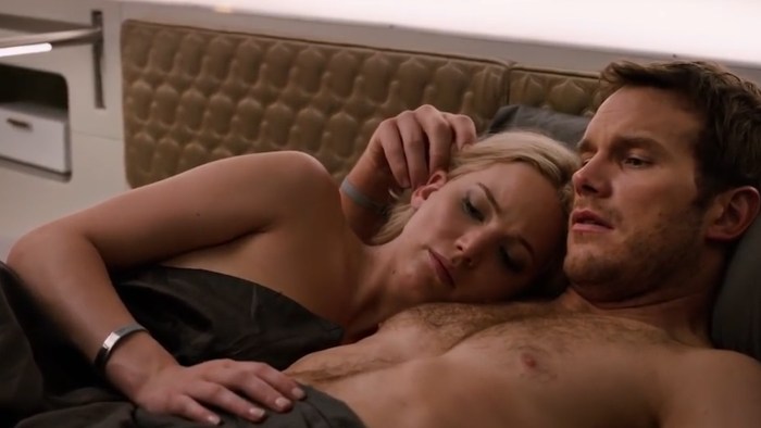 Chris Pratt and Jennifer Lawrence in the film