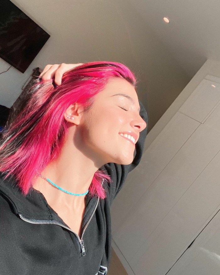 Girl with long pink hair