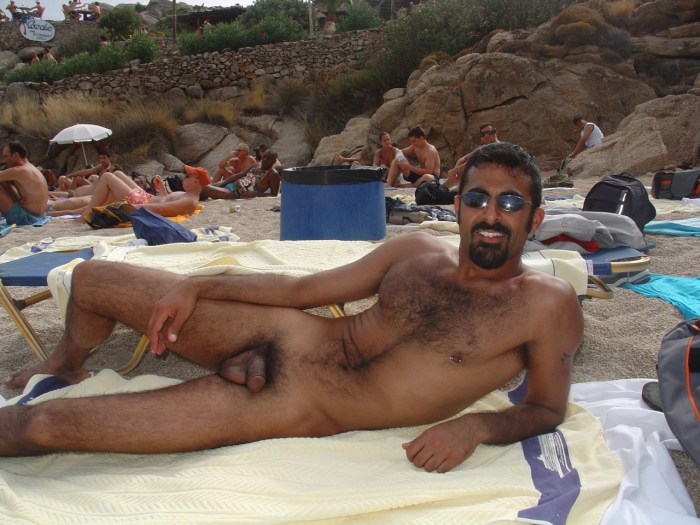 Naked hairy men on the beach
