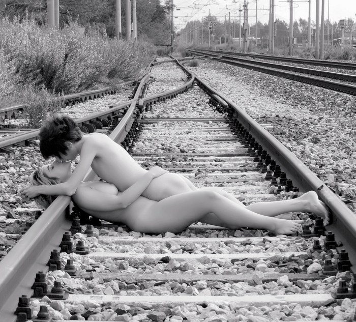 Naked women on the railway