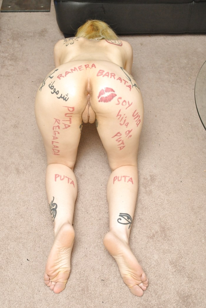 Humiliating inscriptions on the body of Hentai