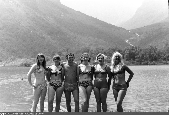 Soviet girls pose in a swimsuit