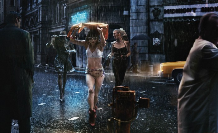 The girl is in the rain