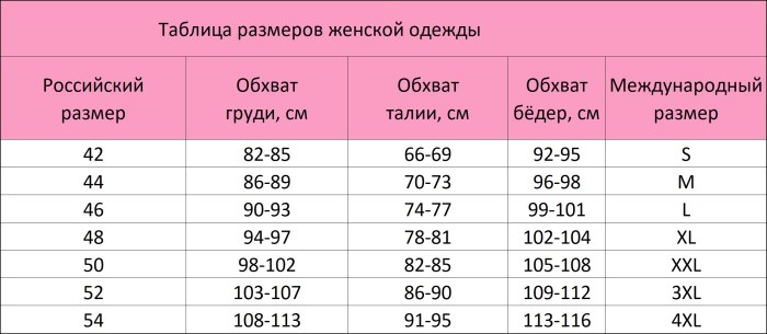 Clothing size table for women