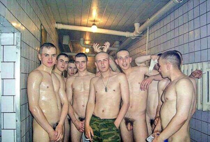 Naked men in military uniform