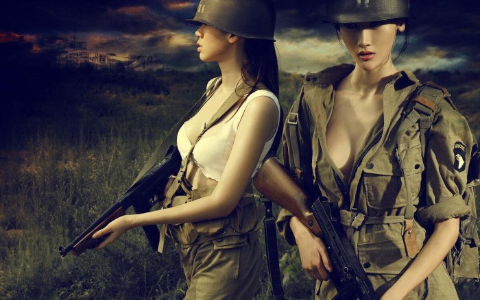 Models in military uniform