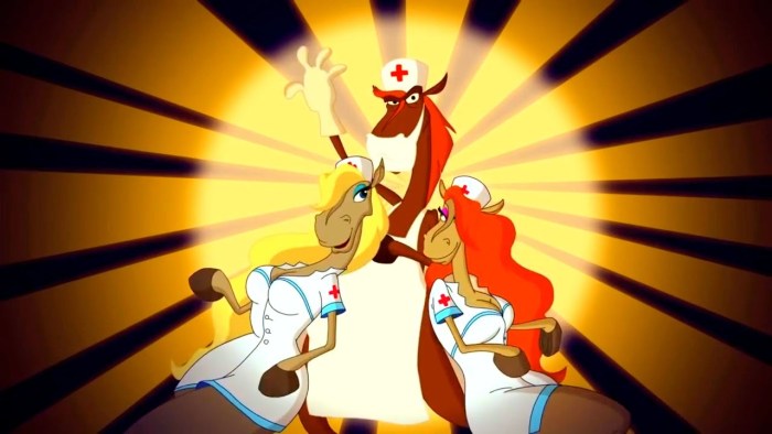 Three heroes move the horse of the nurse