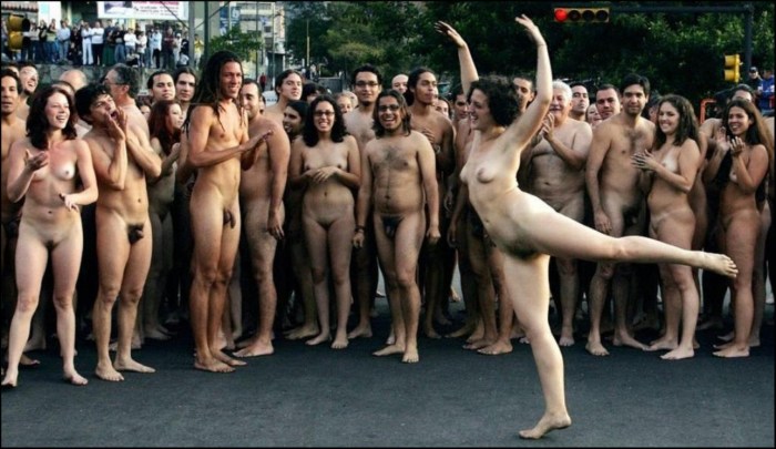 Naked girls among people