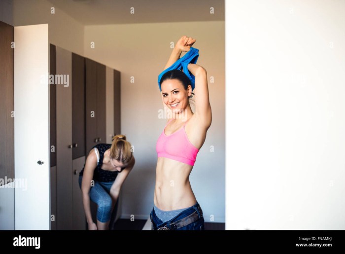 Girls change clothes in the fitness center