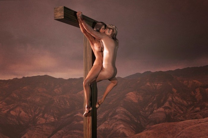Naked woman crucified on the cross