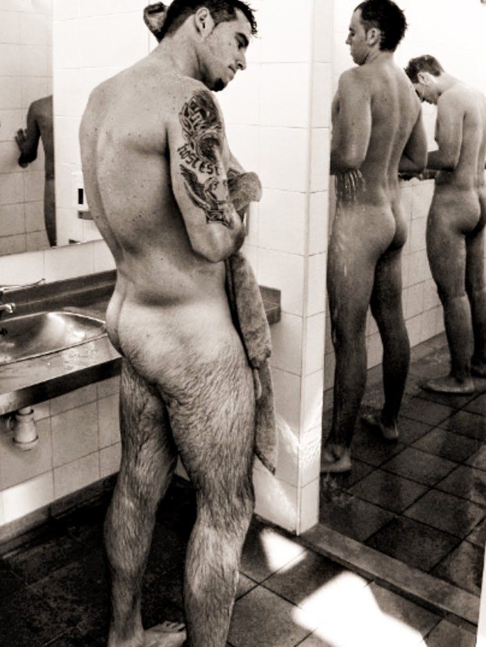 Naked hairy guys in the bathroom
