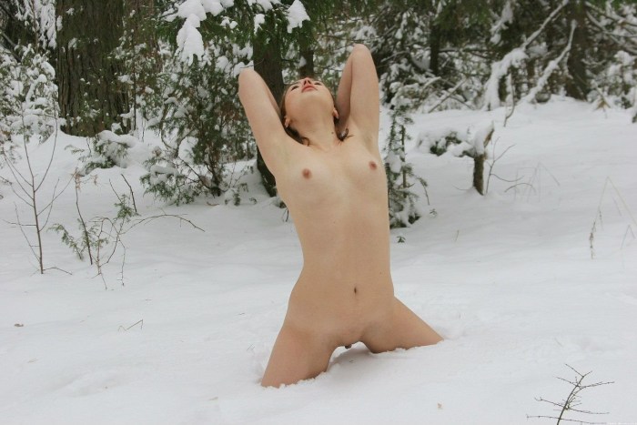 Naked women in the winter on the street