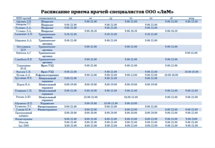 Schedule of the city of Volgodonsk 1 clinic schedule of doctors