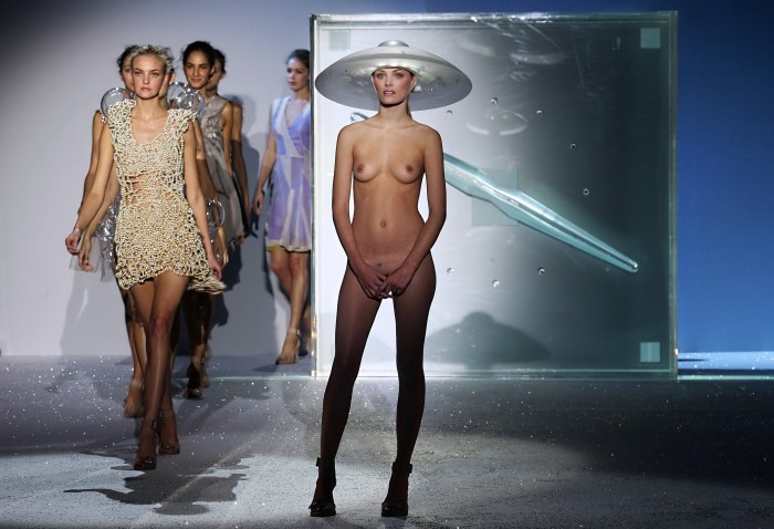 Naked women and men on the catwalk