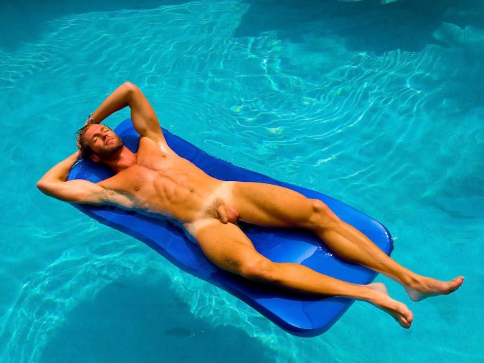 Naked with a man in the pool