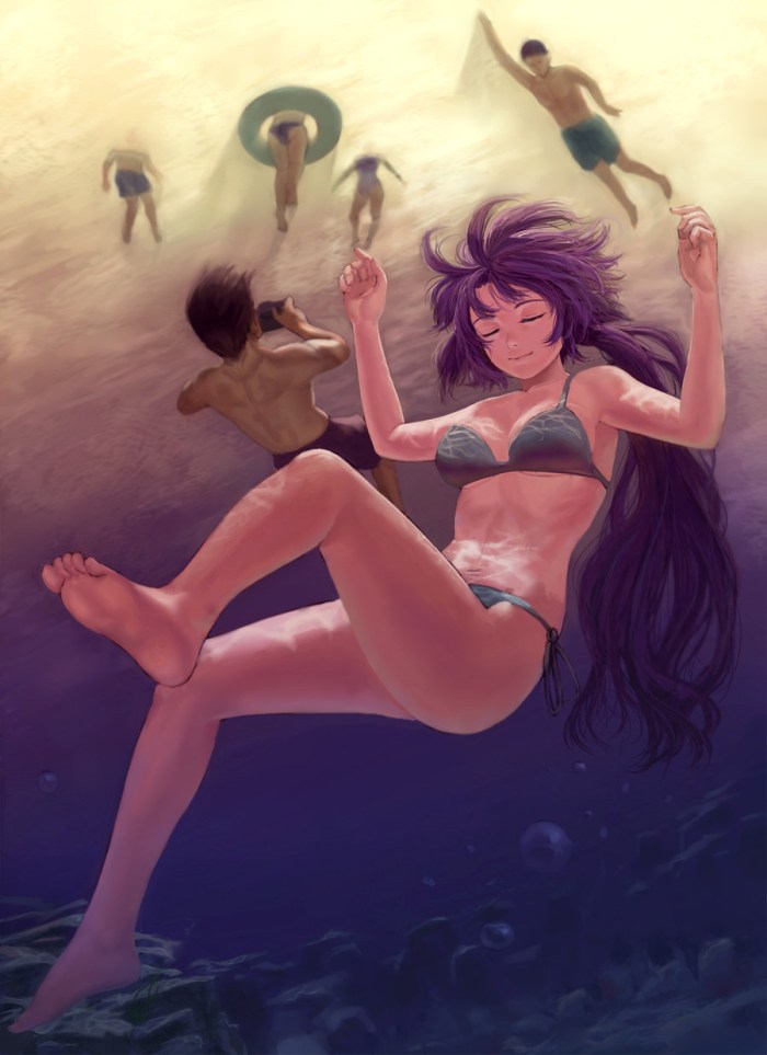 Anime girls in swimsuits under water