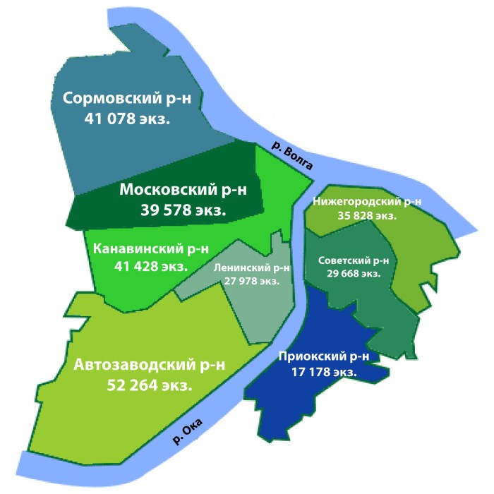 Nizhny Novgorod areas of the city on the map