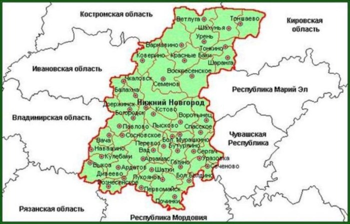 Nizhny Novgorod region on the map of Russia with areas