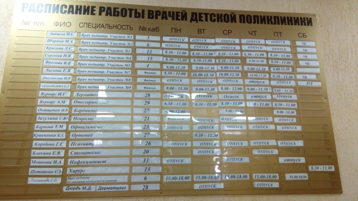 Schedule of doctors of the children's clinic