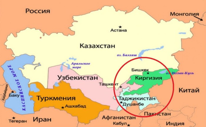 The border of Kyrgyzstan and Tajikistan on the map