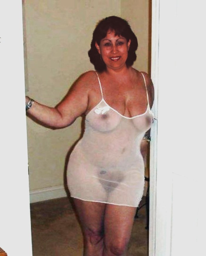 Naked old women in a transparent dress