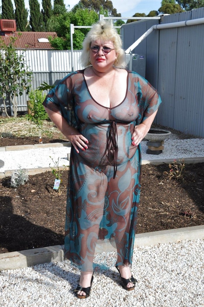 Naked old women in transparent dresses