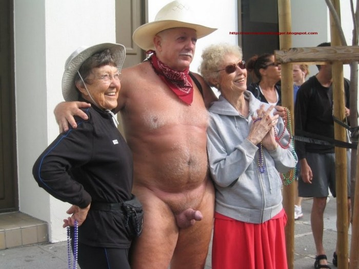 Naked men and dressed elderly women