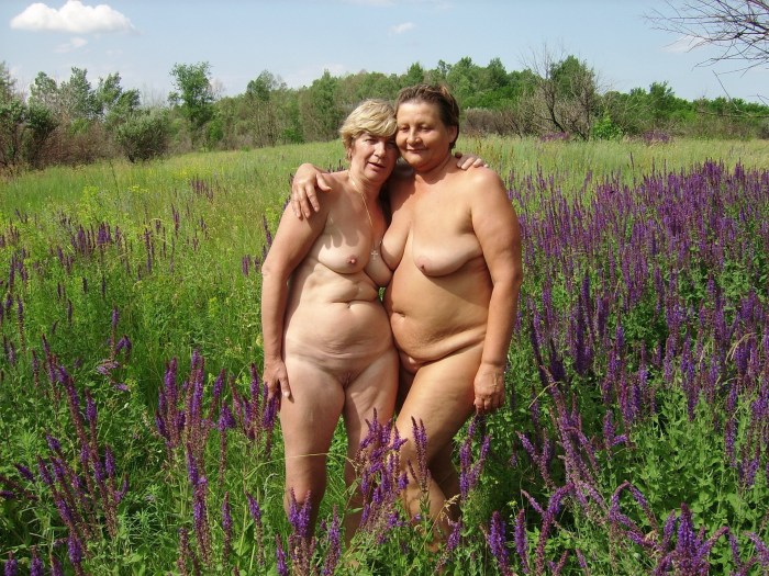 Naked elderly couples in nature